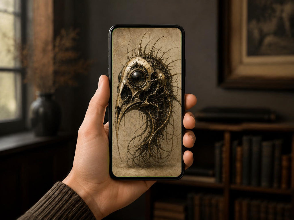 Biomechanical Bird Skull II: Dark Academia Lock Screen | Surreal Brass Bone Wallpaper | Gothic Sci-Fi Phone Art