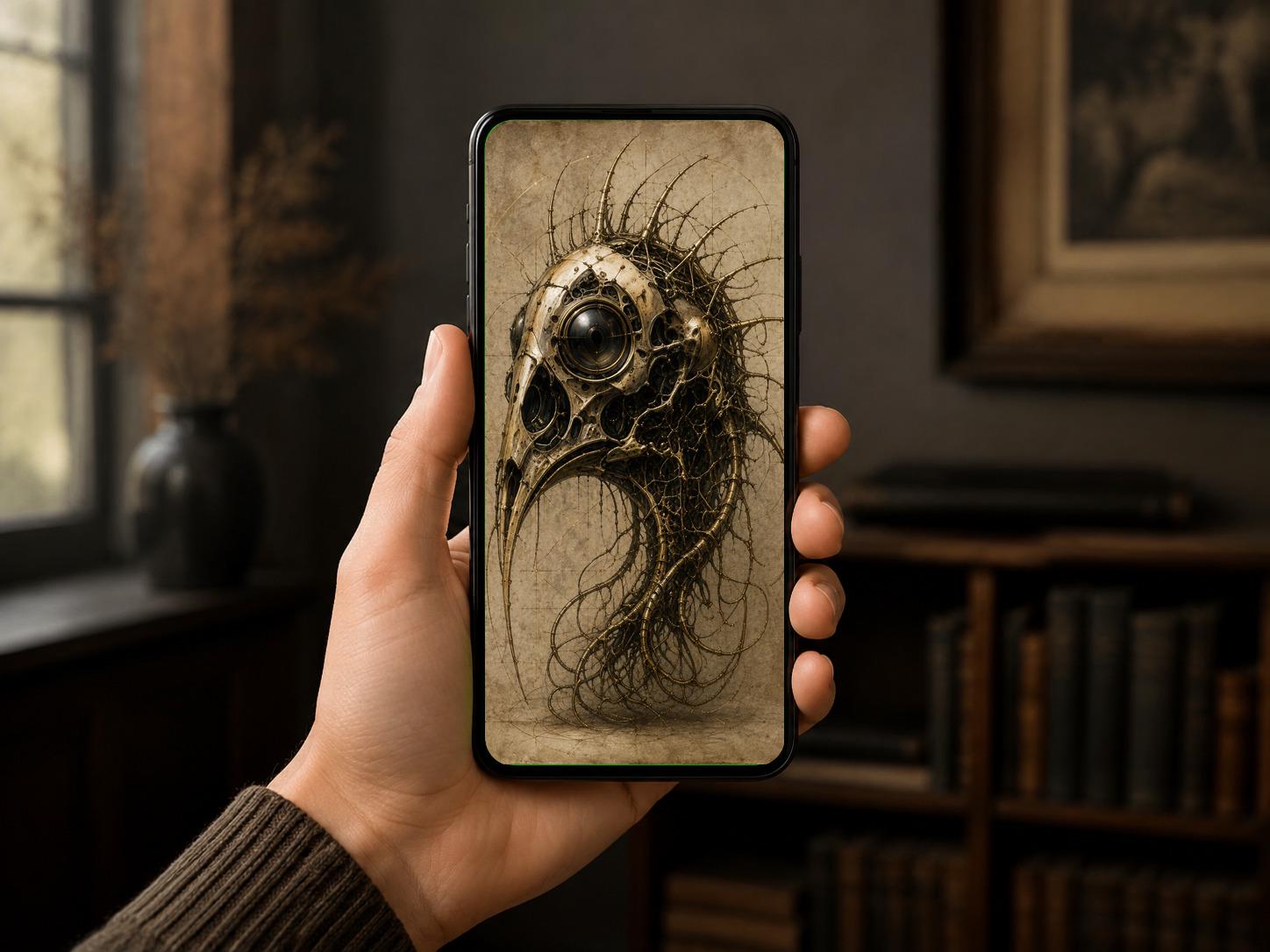 Biomechanical Bird Skull II: Dark Academia Lock Screen | Surreal Brass Bone Wallpaper | Gothic Sci-Fi Phone Art