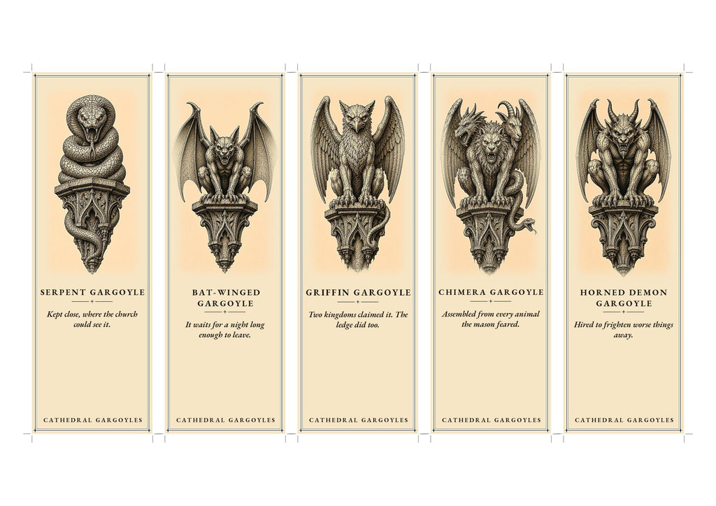 Cathedral Gargoyles The Guardians Printable Bookmarks | Dark Academia Gothic Bookmark Set | Digital Download Print & Cut