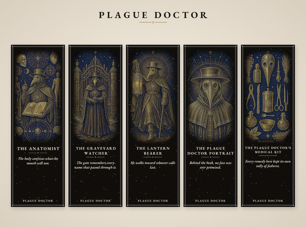 Plague Doctor Gothic Bookmark | Gold Linework, Standard or Magnetic | Dark Academia Page Marker, Memento Mori Design