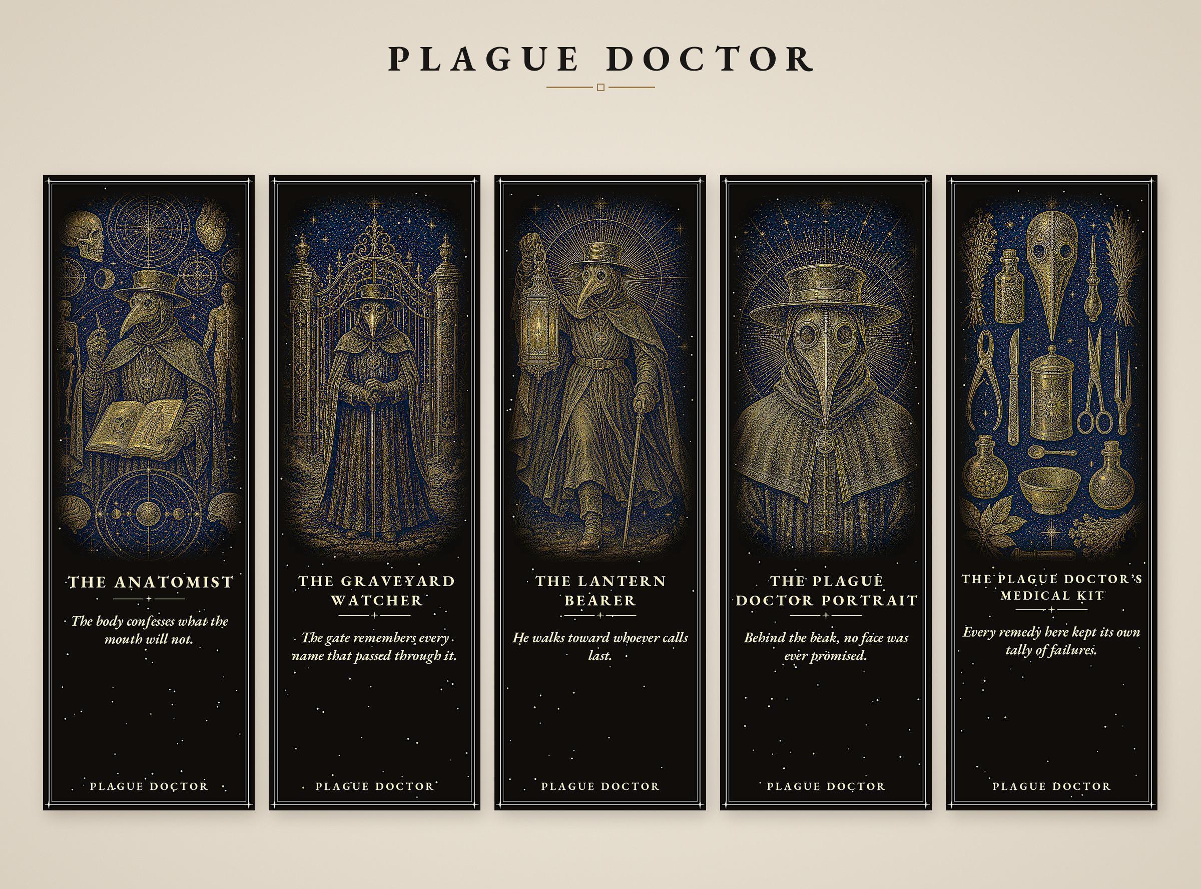 Plague Doctor Gothic Bookmark | Gold Linework, Standard or Magnetic | Dark Academia Page Marker, Memento Mori Design