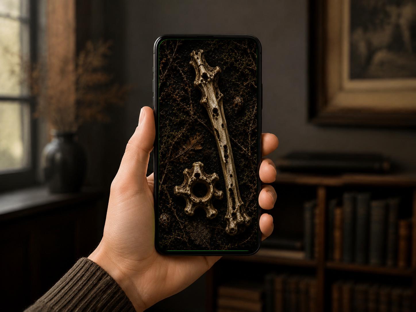 The Bone Garden Phone Wallpaper, Dark Goblincore Lock Screen | Moss And Bones Digital Art | iPhone And Android Set