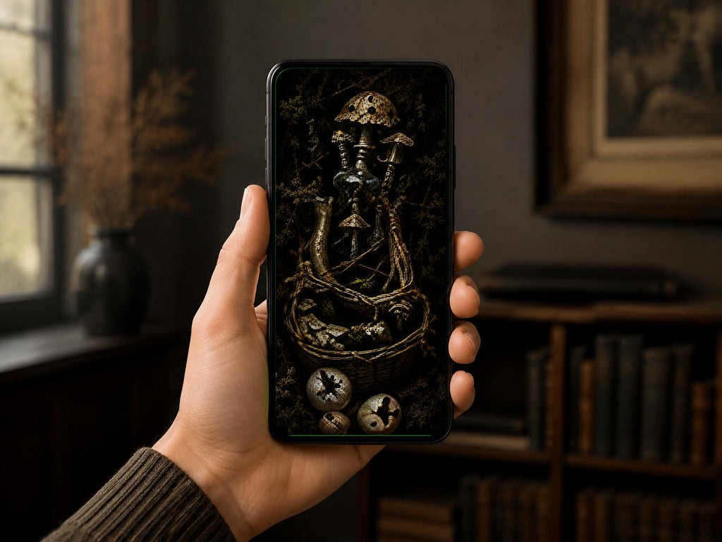 Dark Goblincore Skull Mushroom Lock Screen | Moody Forest Phone Wallpaper (Digital Download)