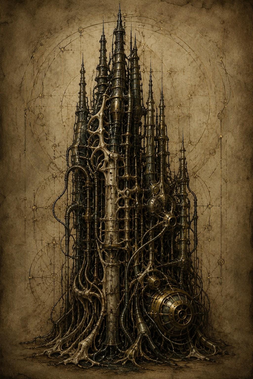 Spires IV Biomechanical Phone Wallpaper | Dark Surreal Lock Screen | Gothic Sci-Fi Digital Art Download | Brass Bone Anatomy