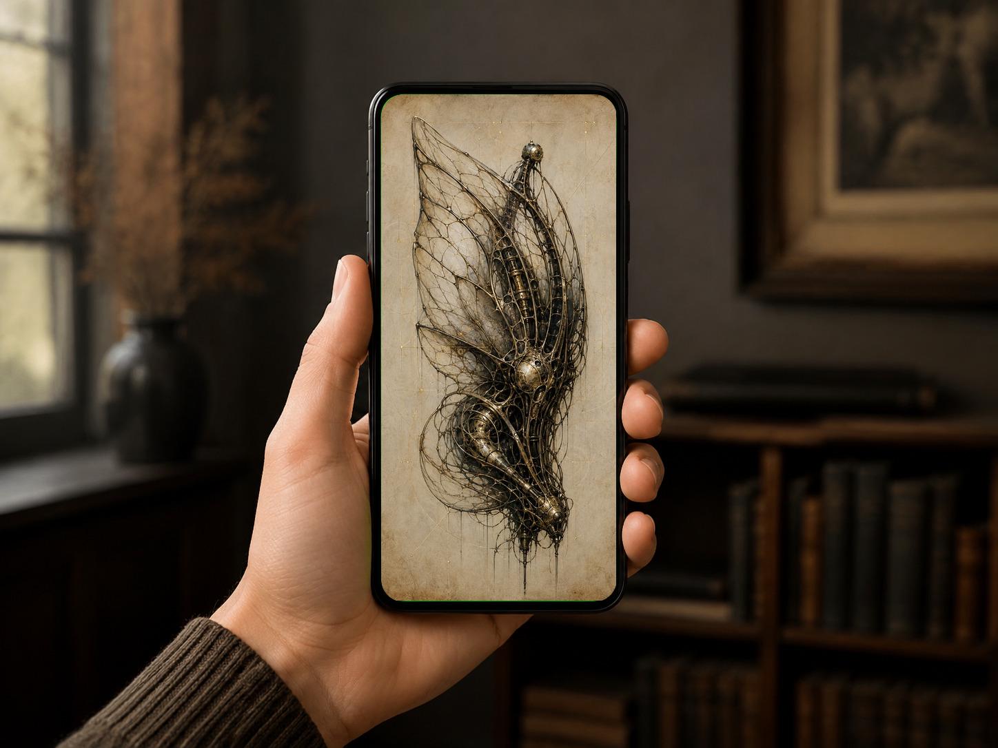 Winged Form, Biomechanical Dark Academia | Gothic Sci-Fi Wallpaper | Brass Anatomy Engine | Surreal Lock Screen