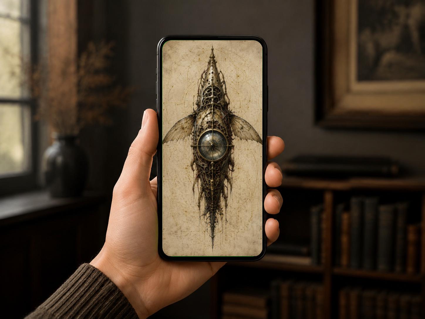 Mechanical Fish: Biomechanical Anatomy | Dark Academia Surreal | Steampunk Lock Screen | Brass Bone Machinery | Gothic Phone Wallpaper