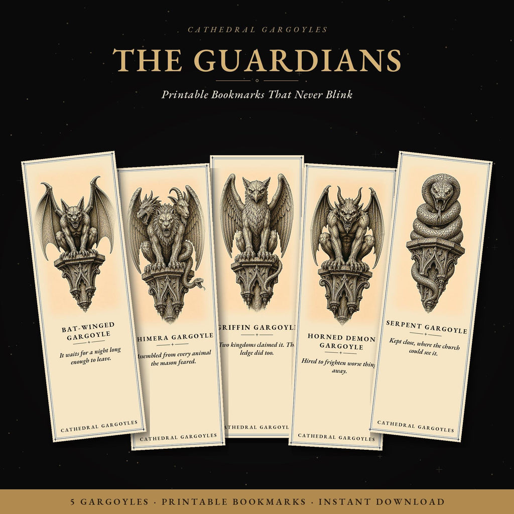 Cathedral Gargoyles – The Guardians, Printable Bookmarks | Dark Academia Gothic | Occult Stationery | Book Lover Gift