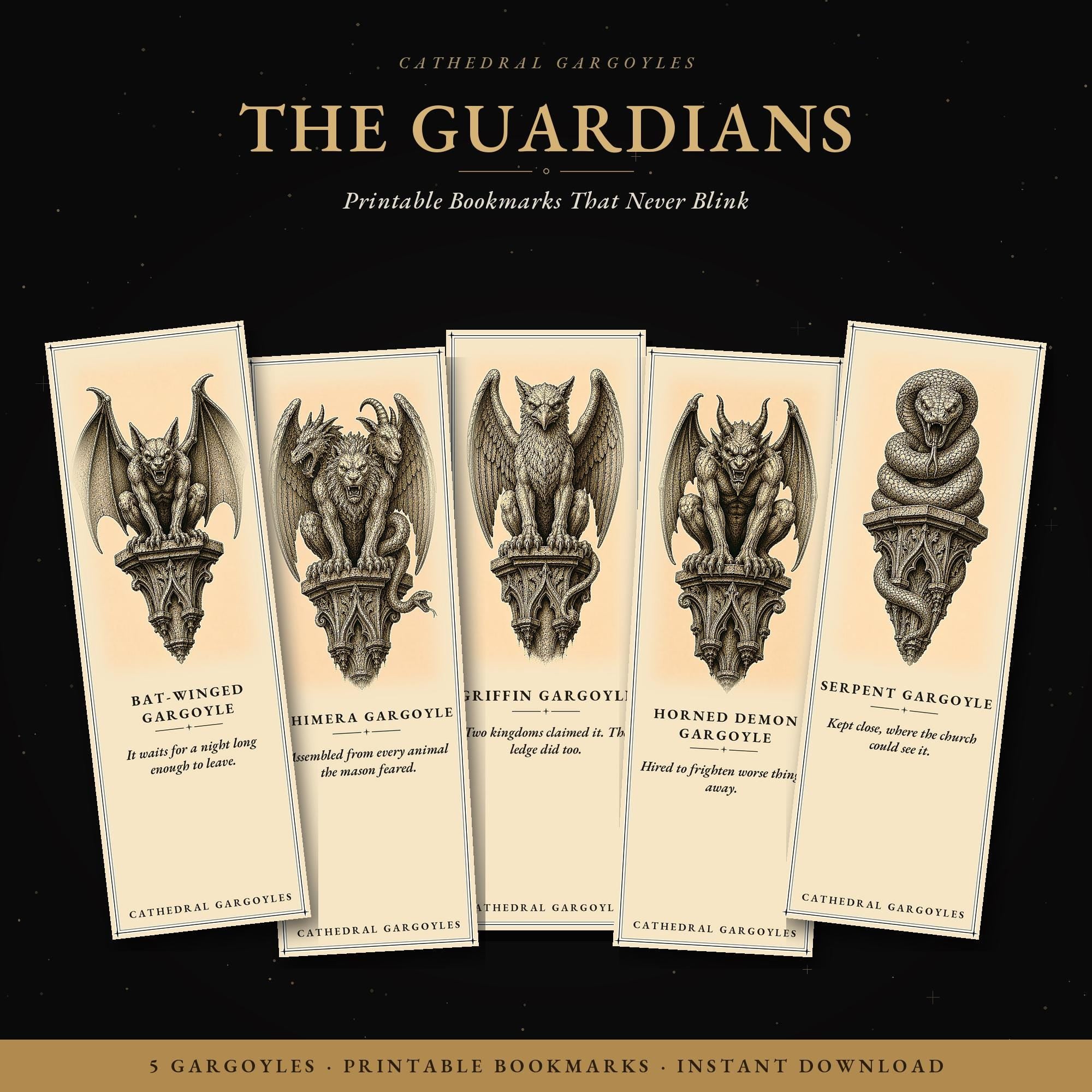 Cathedral Gargoyles – The Guardians, Printable Bookmarks | Dark Academia Gothic | Occult Stationery | Book Lover Gift