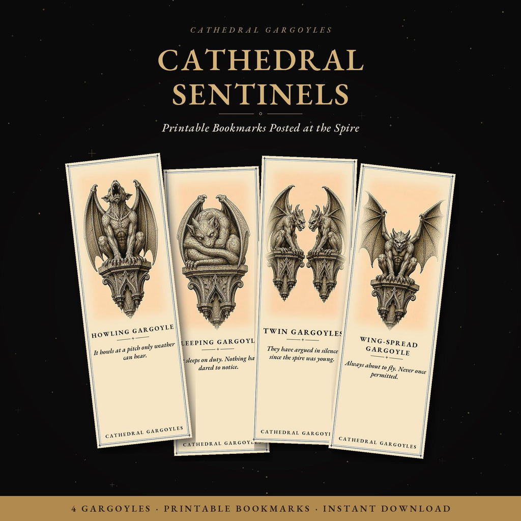 Cathedral Sentinels Printable Bookmarks | Dark Academia Art, Gargoyle Designs | Occult Stationery, Reader Gift