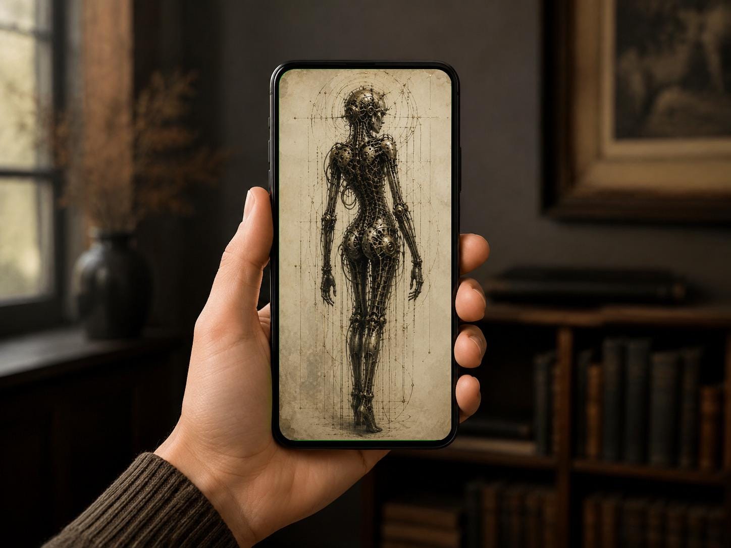 Cyborg Woman Full Back, Biomechanical Phone Wallpaper | Gothic Sci-Fi Lock Screen | Dark Surreal Android | Instant Digital Download