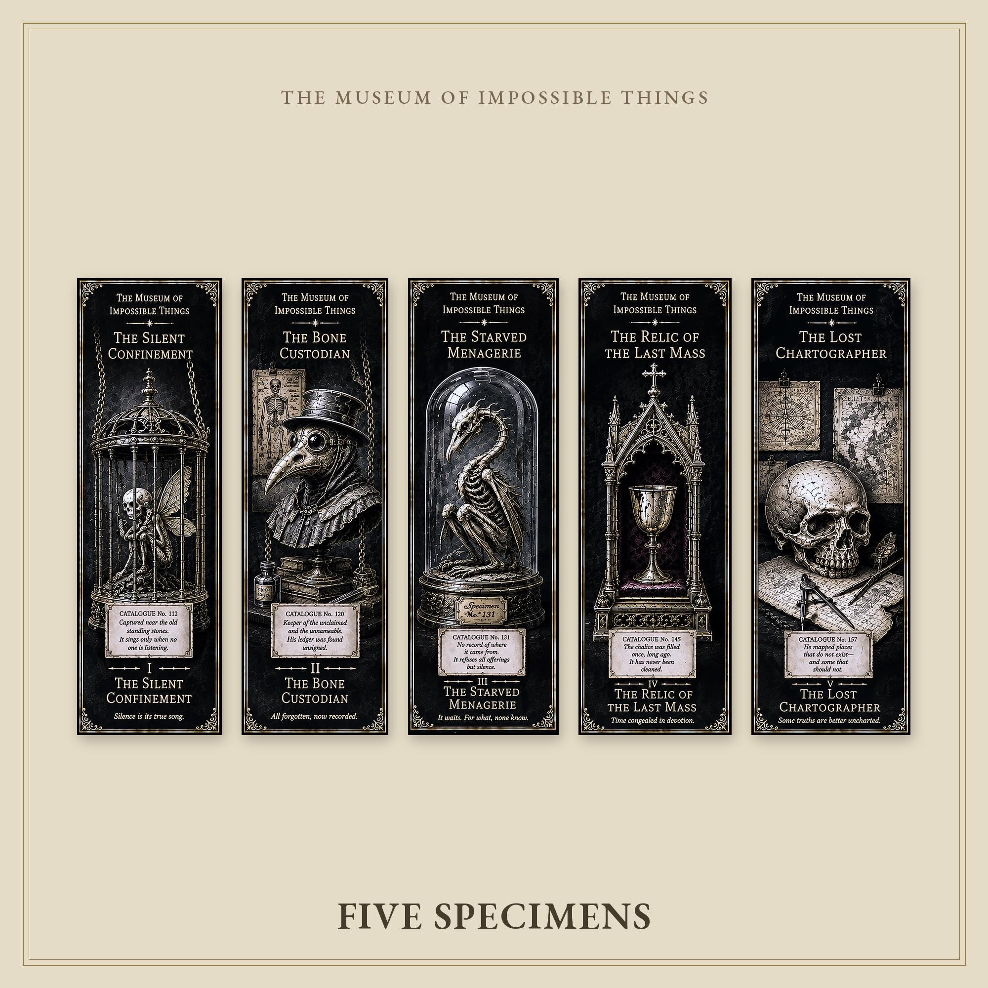 The Forgotten Exhibits Bookmark | Dark Academia Set of 5 | Standard or Magnetic | Gothic Cabinet of Curiosities