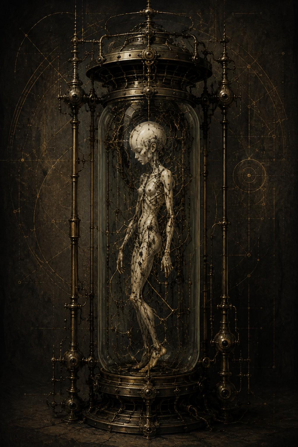 Biomechanical Specimen Phone Wallpaper | Dark Academia Surreal Anatomy | Brass Bone Machinery | Steampunk Lock Screen