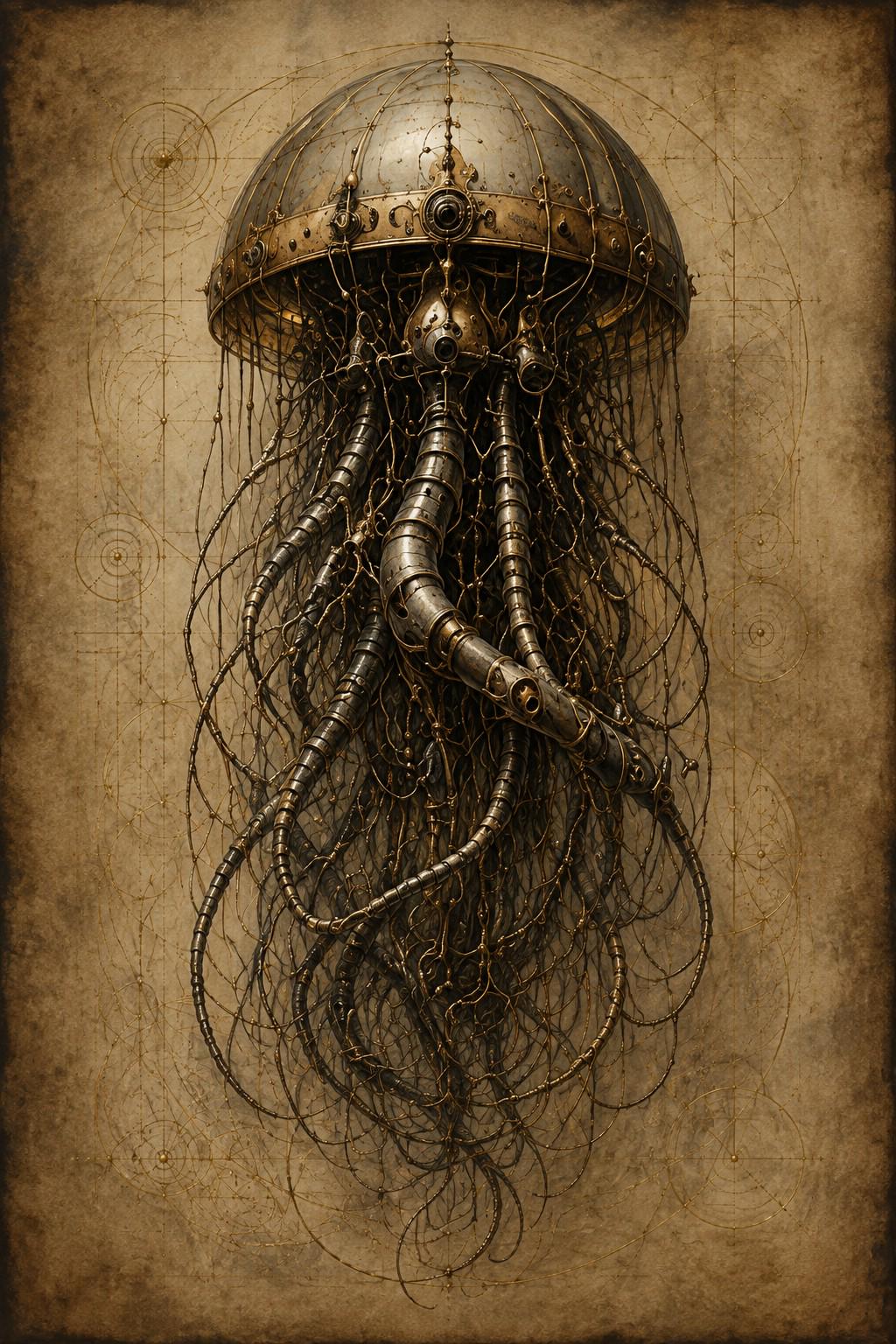 Jellyfish III Phone Wallpaper | Biomechanical Dark Academia | Brass Bone Machinery Lock Screen | Surreal Sci-Fi Digital Download