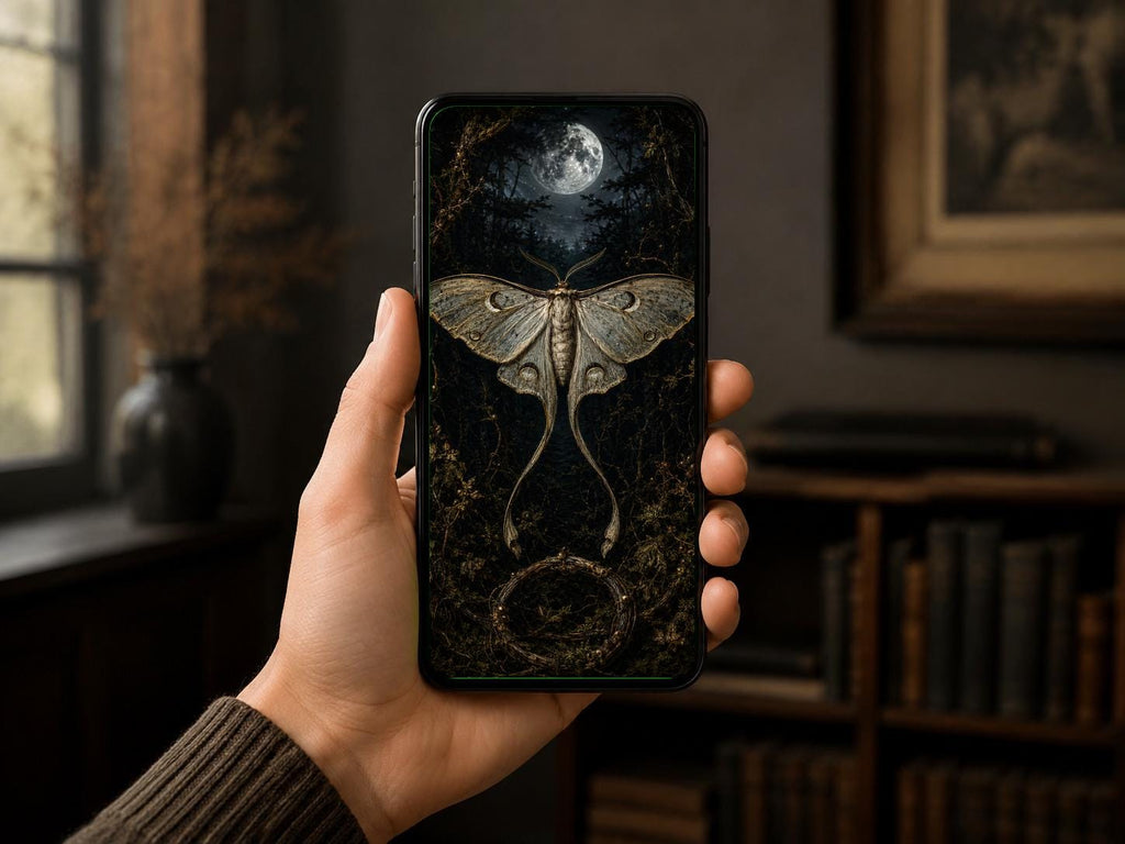 Nocturnal Foraging, Goblincore Lock Screen | Moth & Lantern Wallpaper | iPhone, Android Digital Set