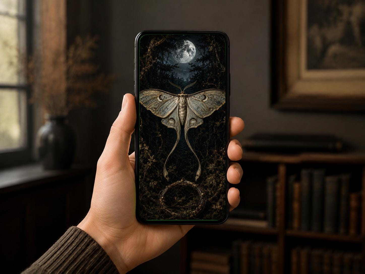 Nocturnal Foraging, Goblincore Lock Screen | Moth & Lantern Wallpaper | iPhone, Android Digital Set