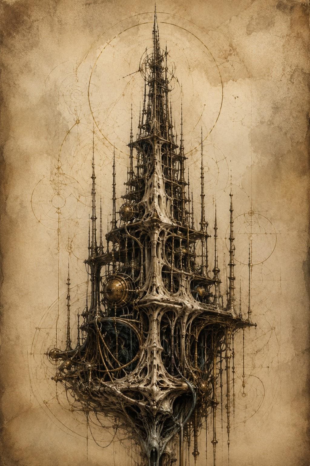 Spires III Biomechanical Wallpaper | Dark Academia Lock Screen | Brass Bone Anatomy | Gothic Sci-Fi Digital Download