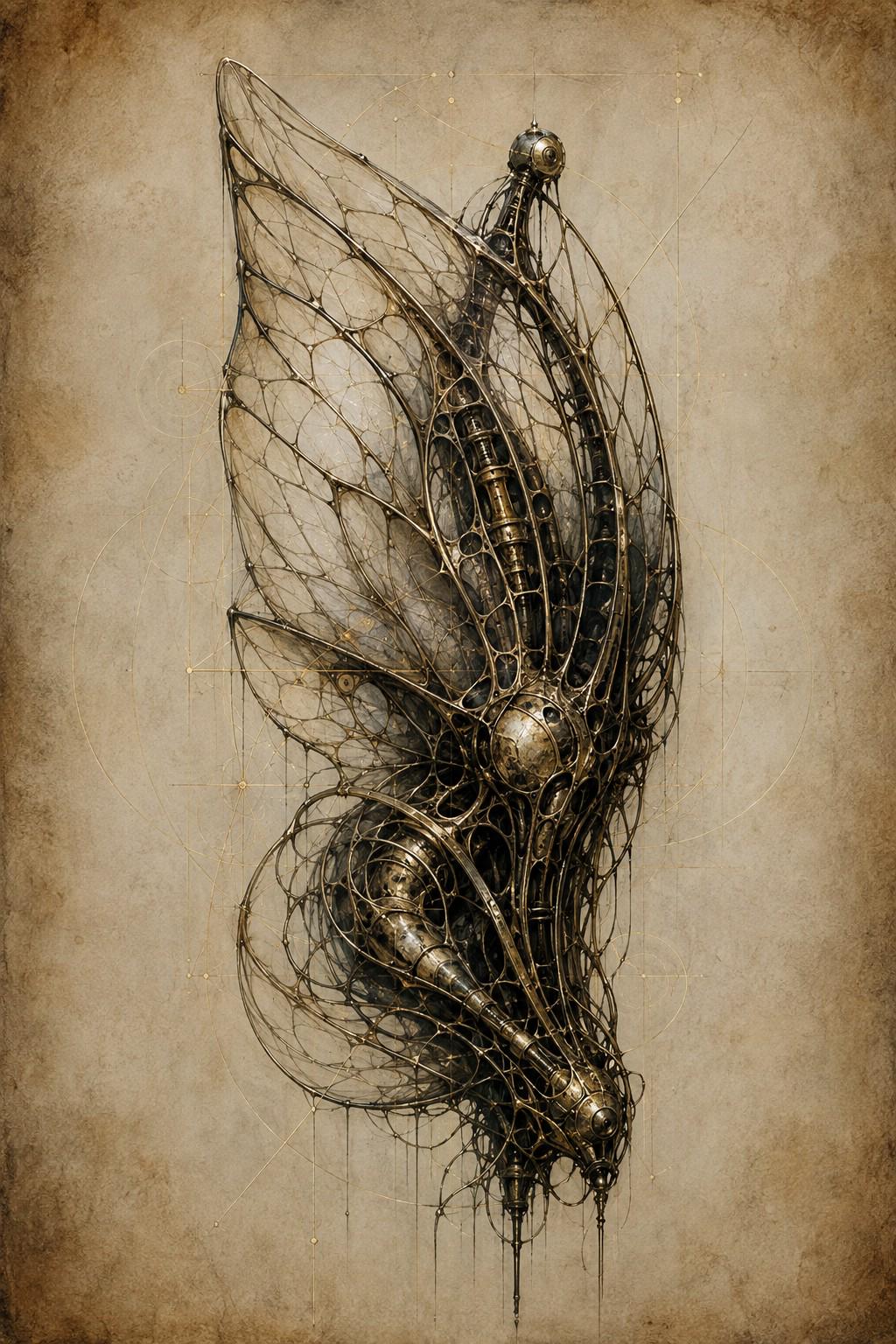 Winged Form, Biomechanical Dark Academia | Gothic Sci-Fi Wallpaper | Brass Anatomy Engine | Surreal Lock Screen