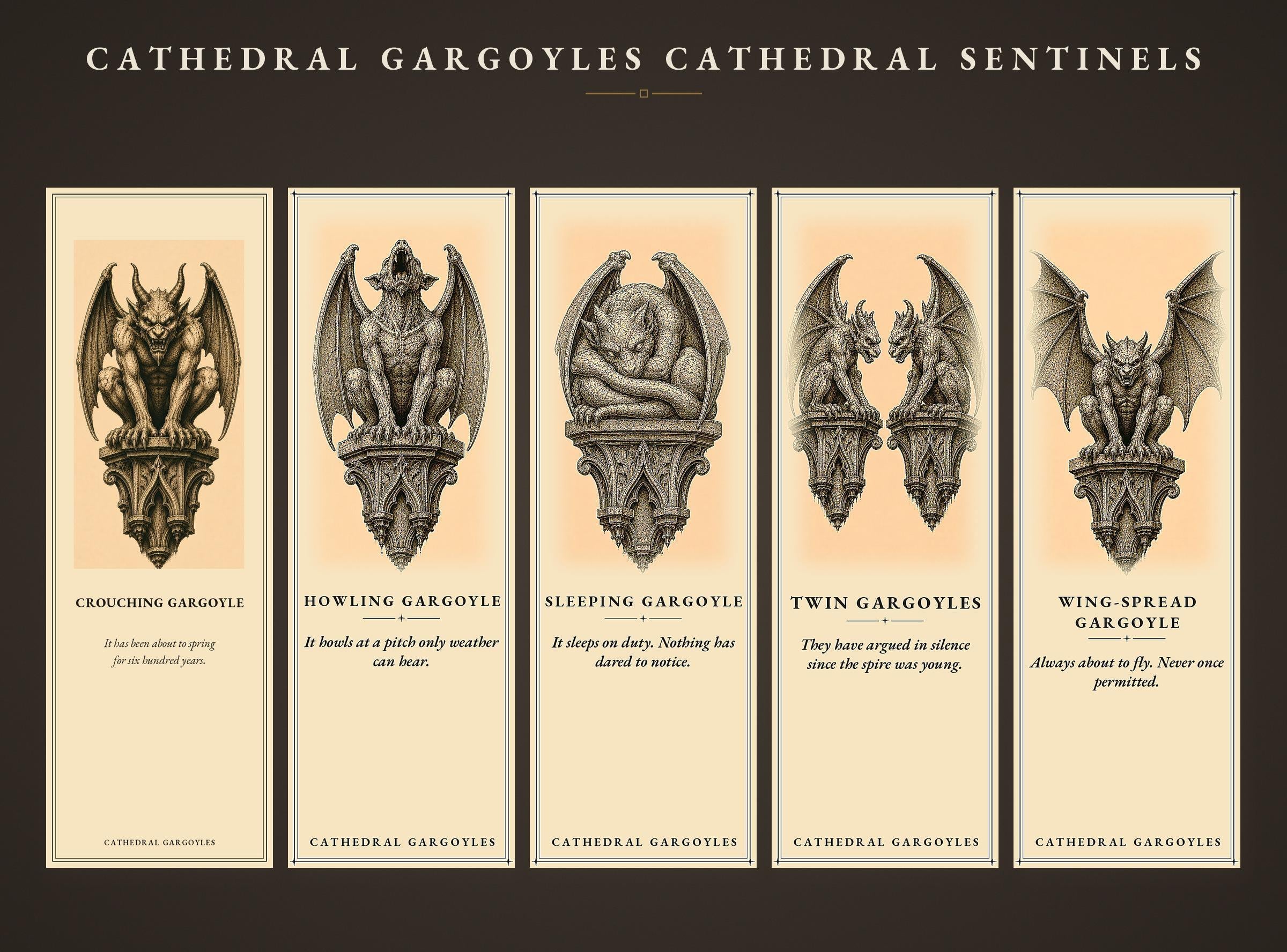 Cathedral Gargoyles Bookmark, Dark Academia Sentinels | Gothic Stone Creature Art | Handmade Page Marker, Literary Gift