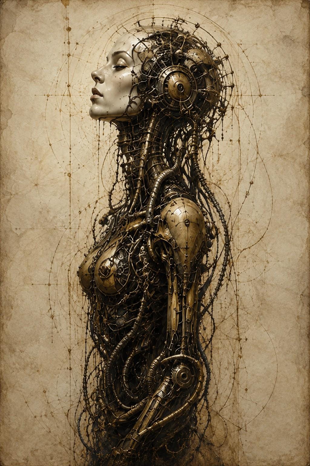 Cyborg Woman Profile IV, Biomechanical Phone Wallpaper | Surreal Dark Art | Tarnished Brass Imagery | Lock Screen Digital Download
