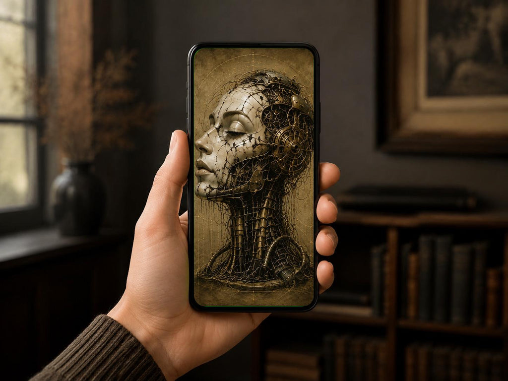 Cyborg Woman Profile V: Biomechanical Dark Academia | Lock Screen Art | Warm Gold Tones | Surreal Digital Download