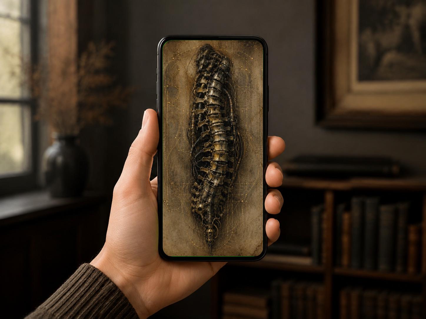 Spine - Biomechanical Phone Wallpaper, Dark Surreal Gothic Sci-Fi | Brass Bone Art | Digital Download
