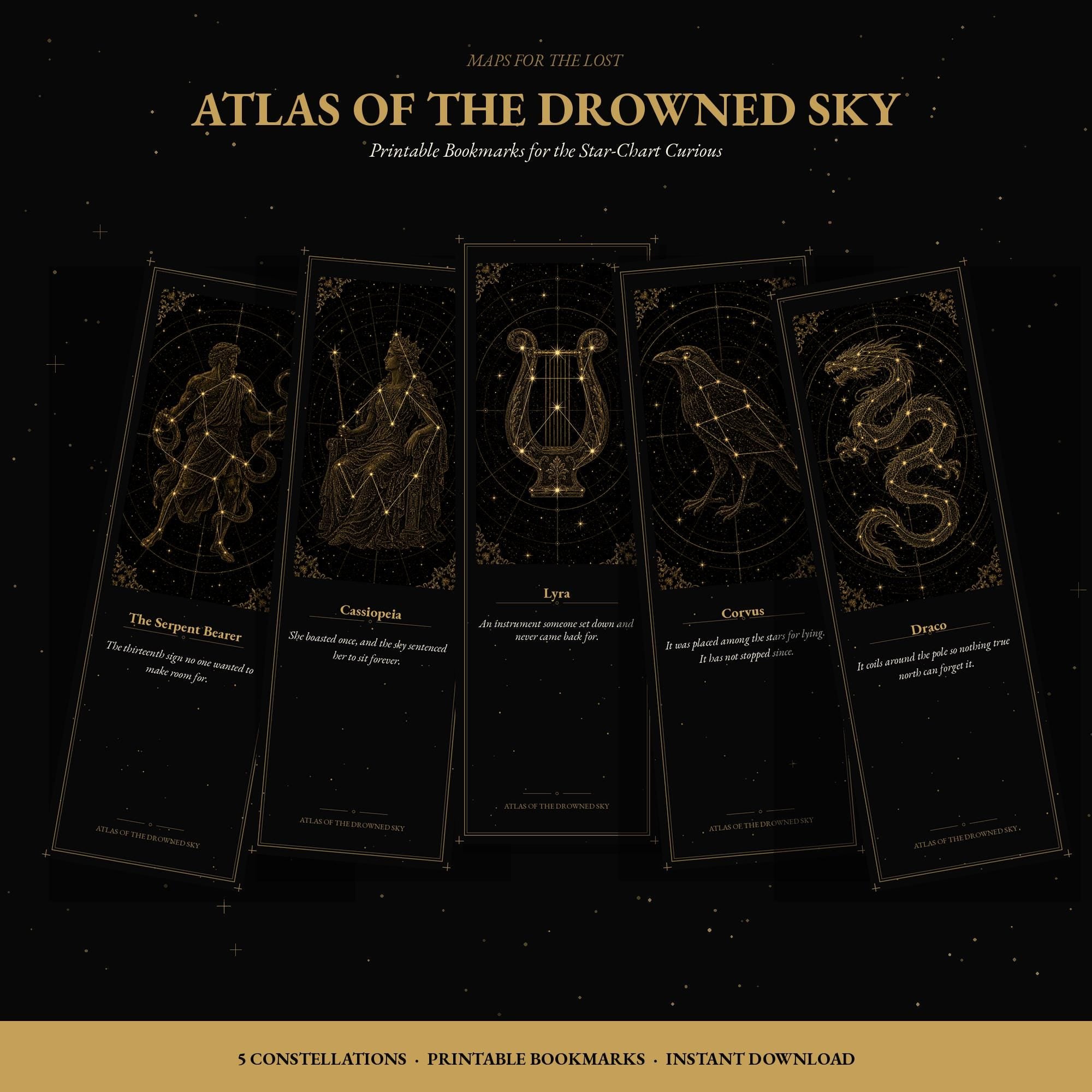 Atlas of the Drowned Sky Printable Bookmarks | Constellation Art, Gold Linework | Dark Academia Night Sky | Digital Download