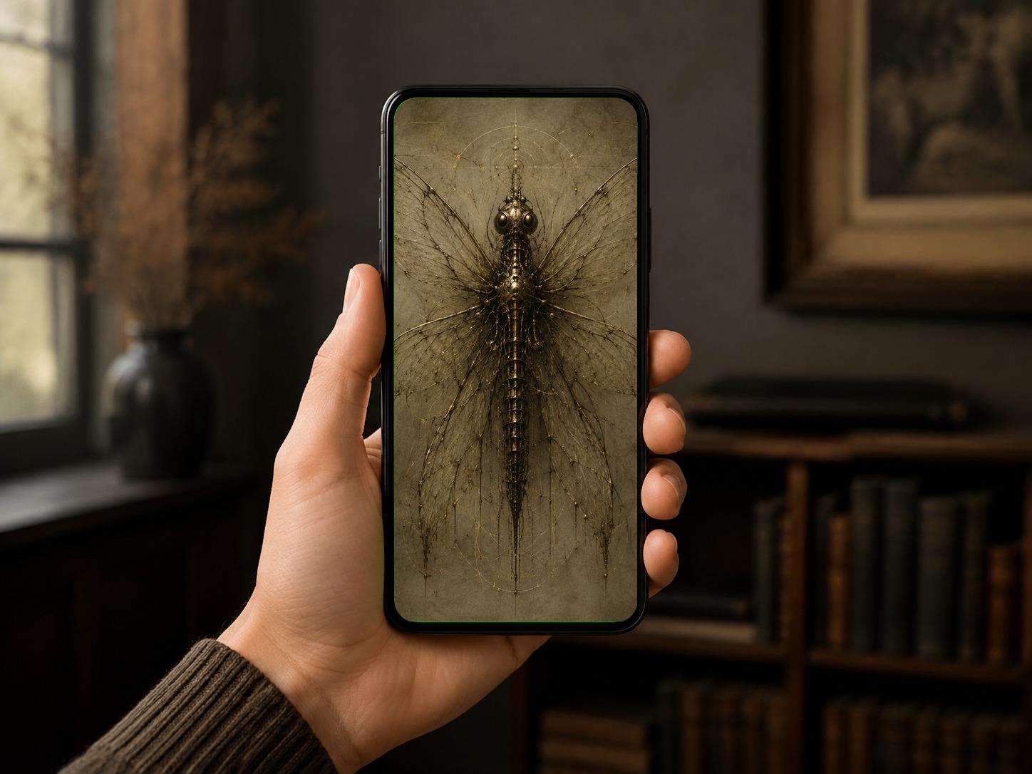 Dragonfly - Biomechanical Phone Wallpaper | Dark Academia Lock Screen | Gothic Sci-Fi Digital Art Download