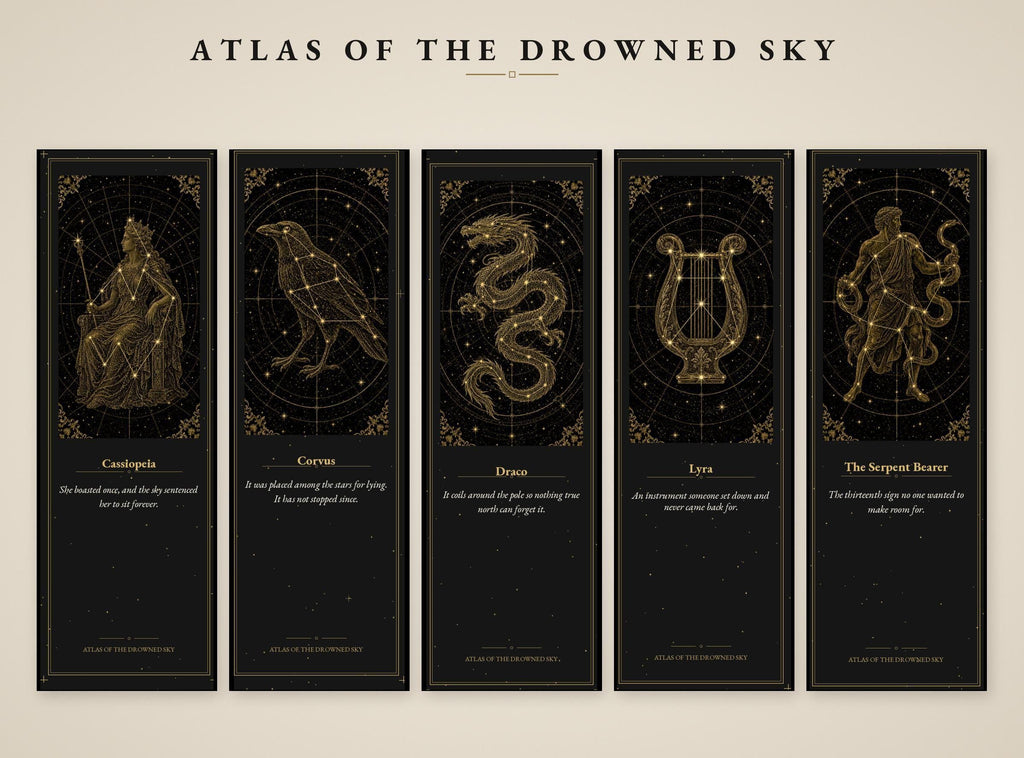 Atlas of the Drowned Sky Bookmark, Dark Academia | Gold Constellation Art | Celestial Page Marker, Handmade