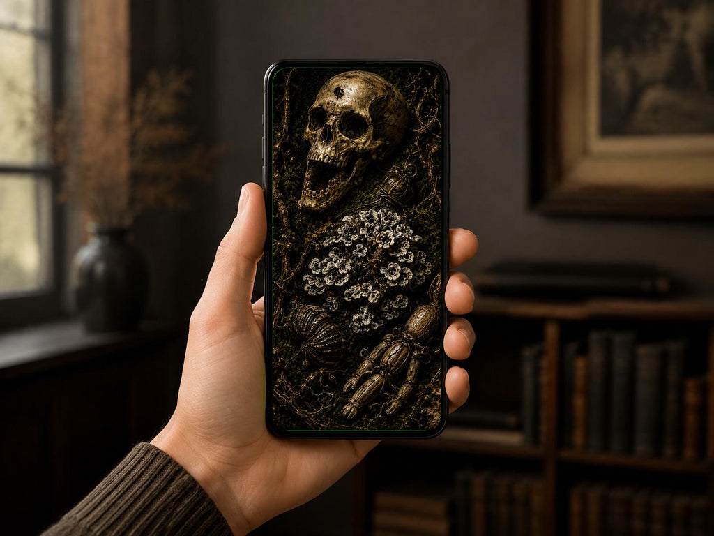 The Carrion Garden Phone Wallpaper, Dark Goblincore Lock Screen | Skull Moth Art | Beautiful Decay Digital Download Set