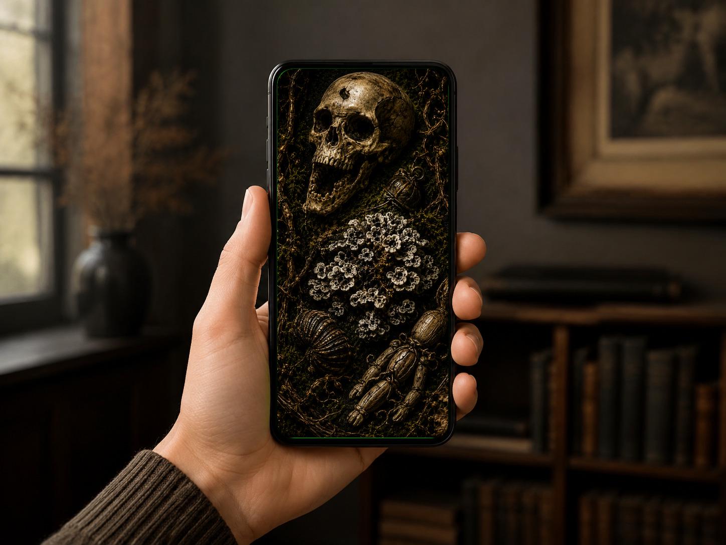 The Carrion Garden Phone Wallpaper, Dark Goblincore Lock Screen | Skull Moth Art | Beautiful Decay Digital Download Set
