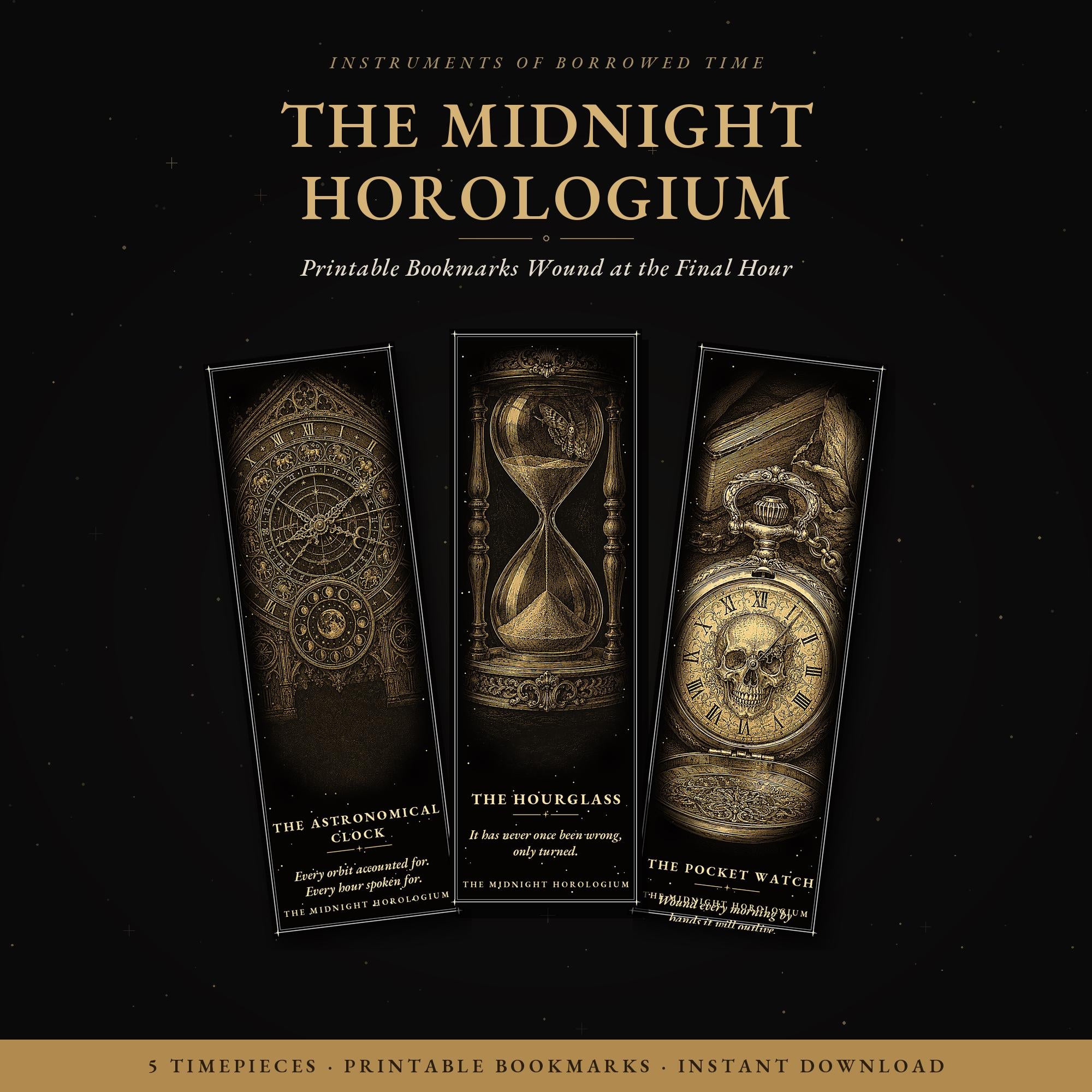 The Midnight Horologium Bookmark | Dark Academia Memento Mori Bookmark | Standard or Magnetic Page Marker