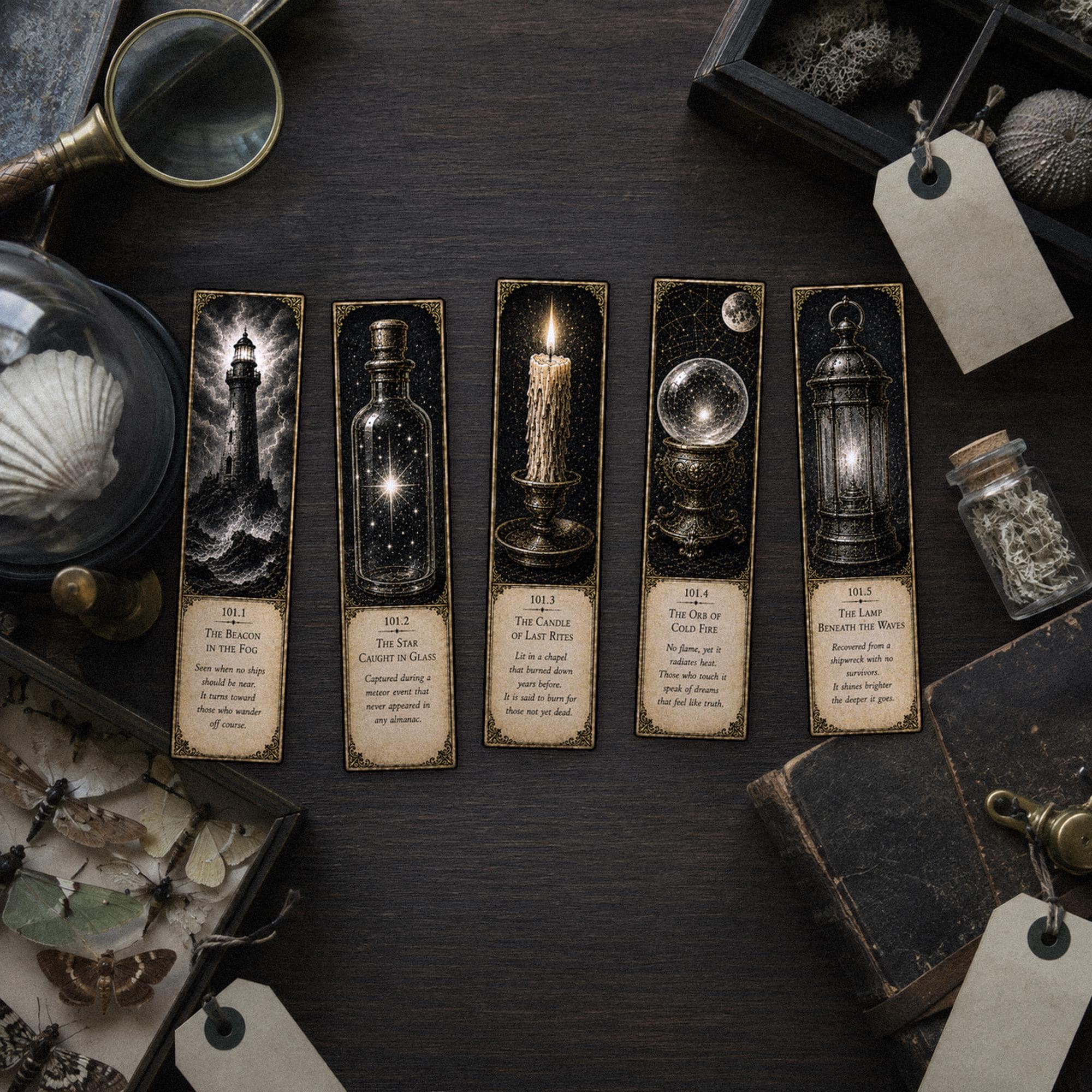 Lights That Refuse to Die Bookmark | Dark Academia Set of 5 | Standard or Magnetic | Gothic Cabinet of Curiosities
