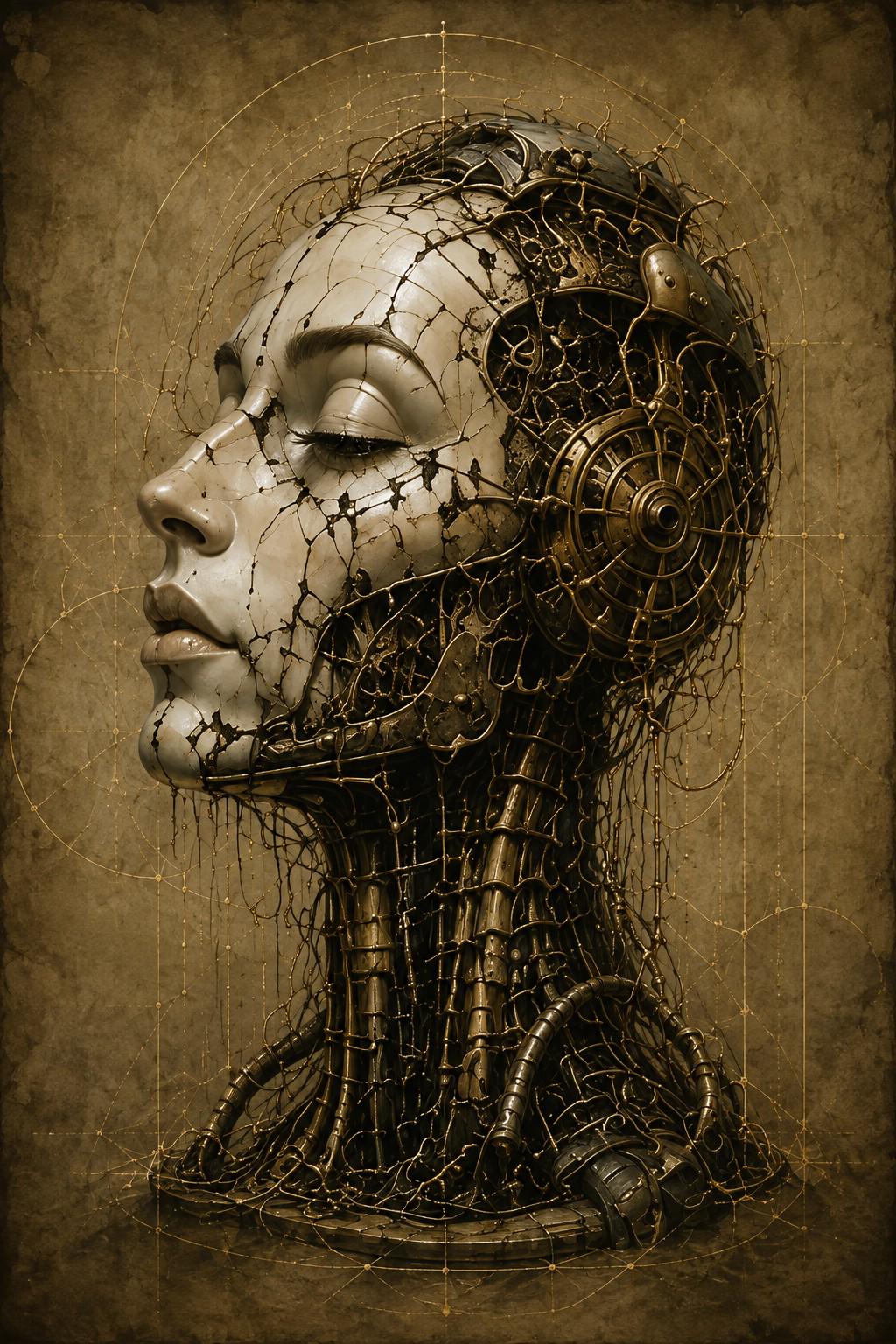 Cyborg Woman Profile V: Biomechanical Dark Academia | Lock Screen Art | Warm Gold Tones | Surreal Digital Download