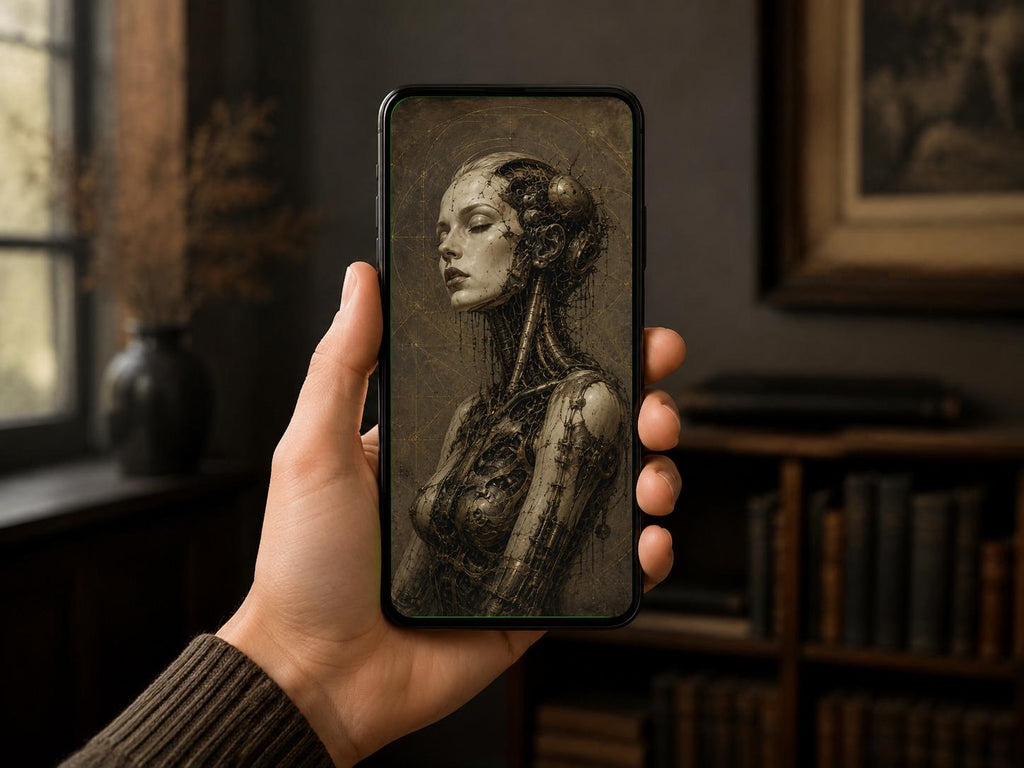 Cyborg Woman Profile II - Biomechanical Lock Screen | Dark Academia Surreal Art | Brass Bone Machinery | Instant Digital Download