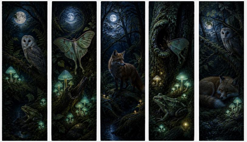Moonlit Forest Bookmarks | Luna Moths & Woodland Animals | Goblincore Dark Academia Nature Art | Printable Gift Set