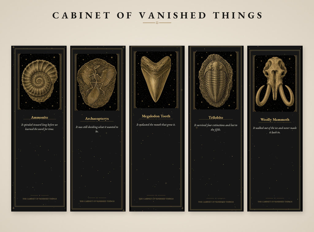 Specimens of What the Earth Forgot, Printable Bookmarks | Extinct Species Gold Linework | Dark Academia | Digital Download