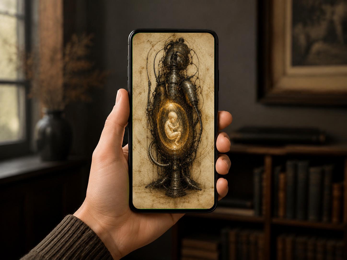 Baby in Utero, Biomechanical Dark Surreal Phone Wallpaper | Gothic Sci-Fi Lock Screen | Anatomy Engine Digital Download