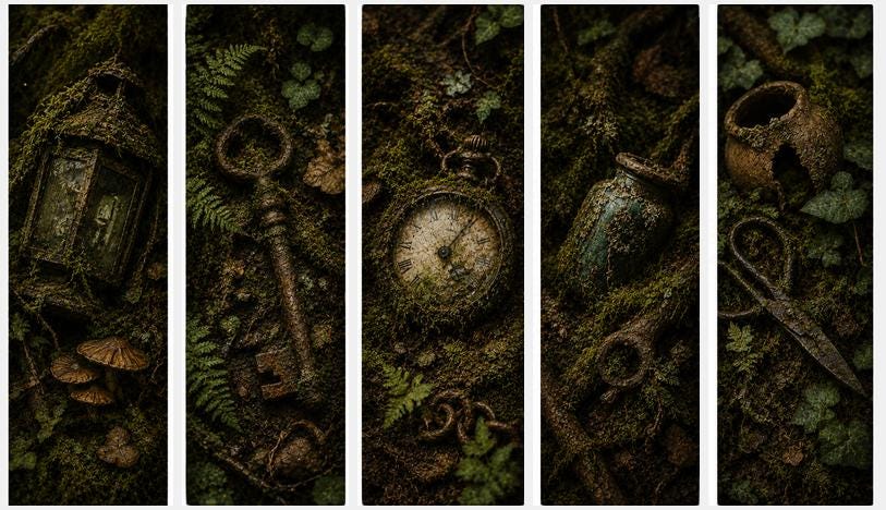 Woodland Relics Printable Bookmarks | Goblincore Botanical Art, Moss-Covered Artefacts | Dark Cottagecore | Book Lover Gift Set