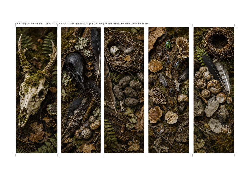 Goblincore Bookmarks Printable Set | Deer Skull, Raven Skull, Botanicals (Digital Download)