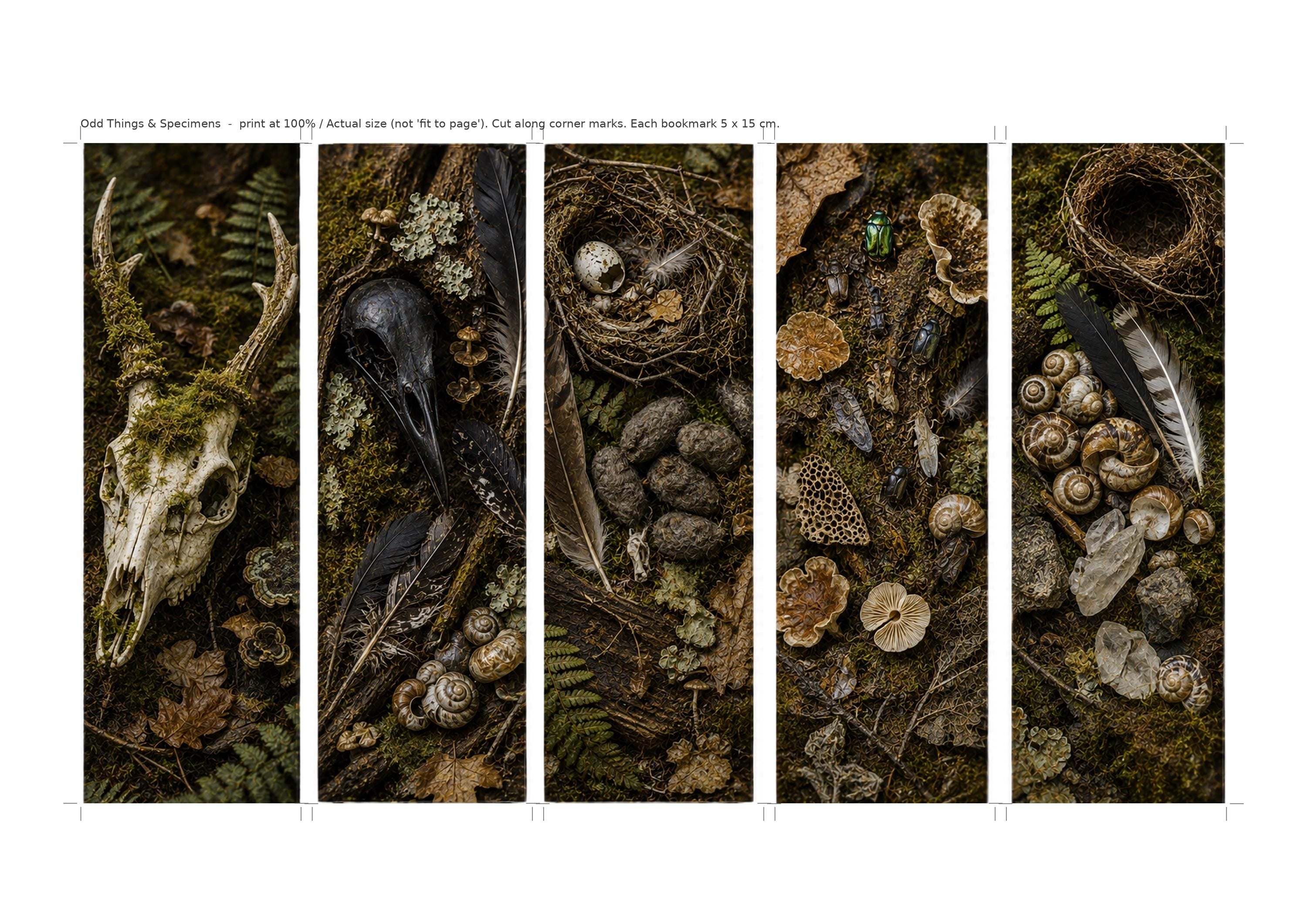 Goblincore Bookmarks Printable Set | Deer Skull, Raven Skull, Botanicals (Digital Download)