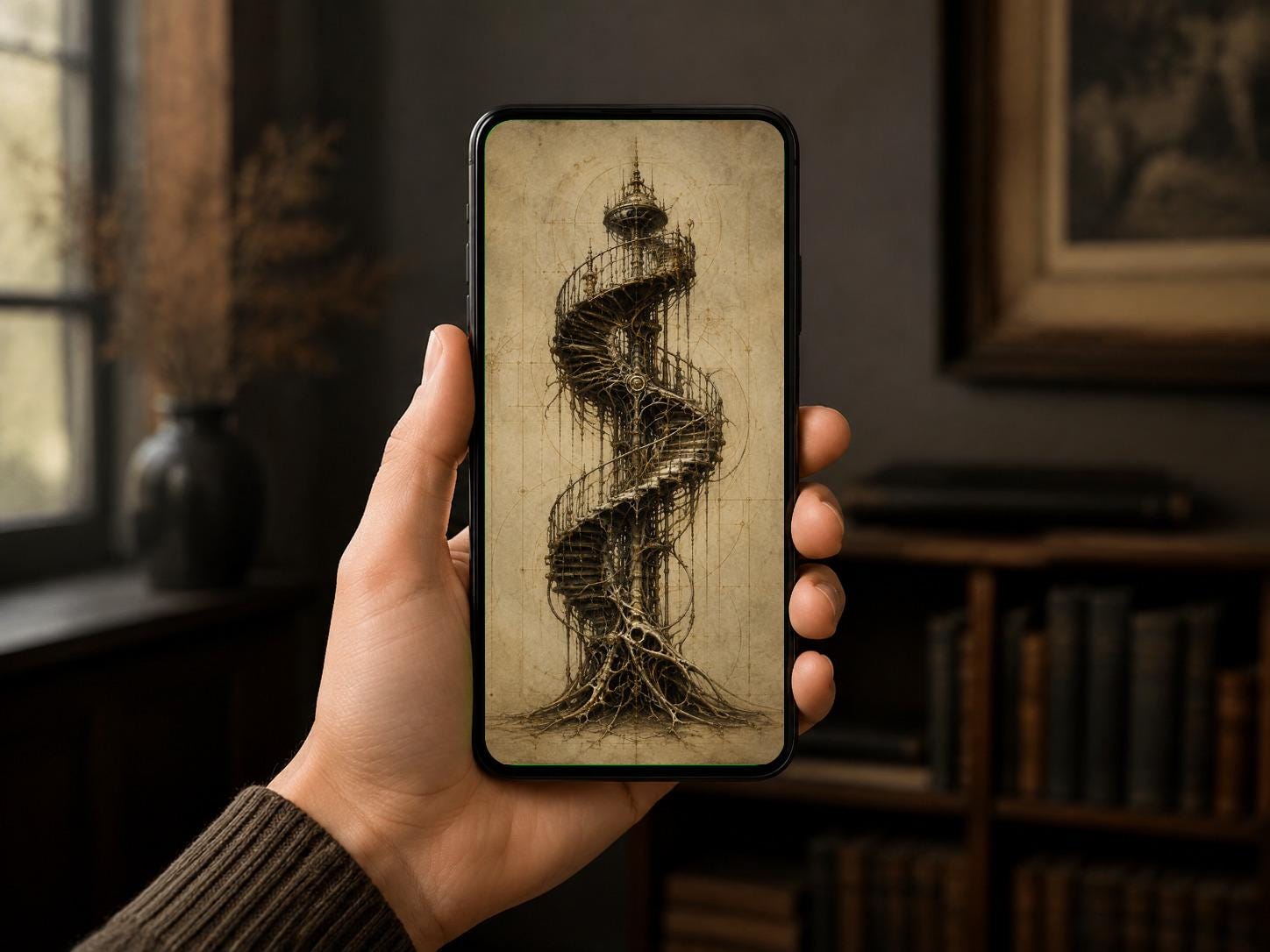 Towers & Spires Biomechanical Phone Wallpaper | Dark Academia Lock Screen | Gothic Sci-Fi Digital Art | Instant Download