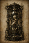 Biomechanical Baby in Hourglass, Dark Academia Lock Screen | Surreal Anatomy Wallpaper | Gothic Brass Machinery | Parchment Background