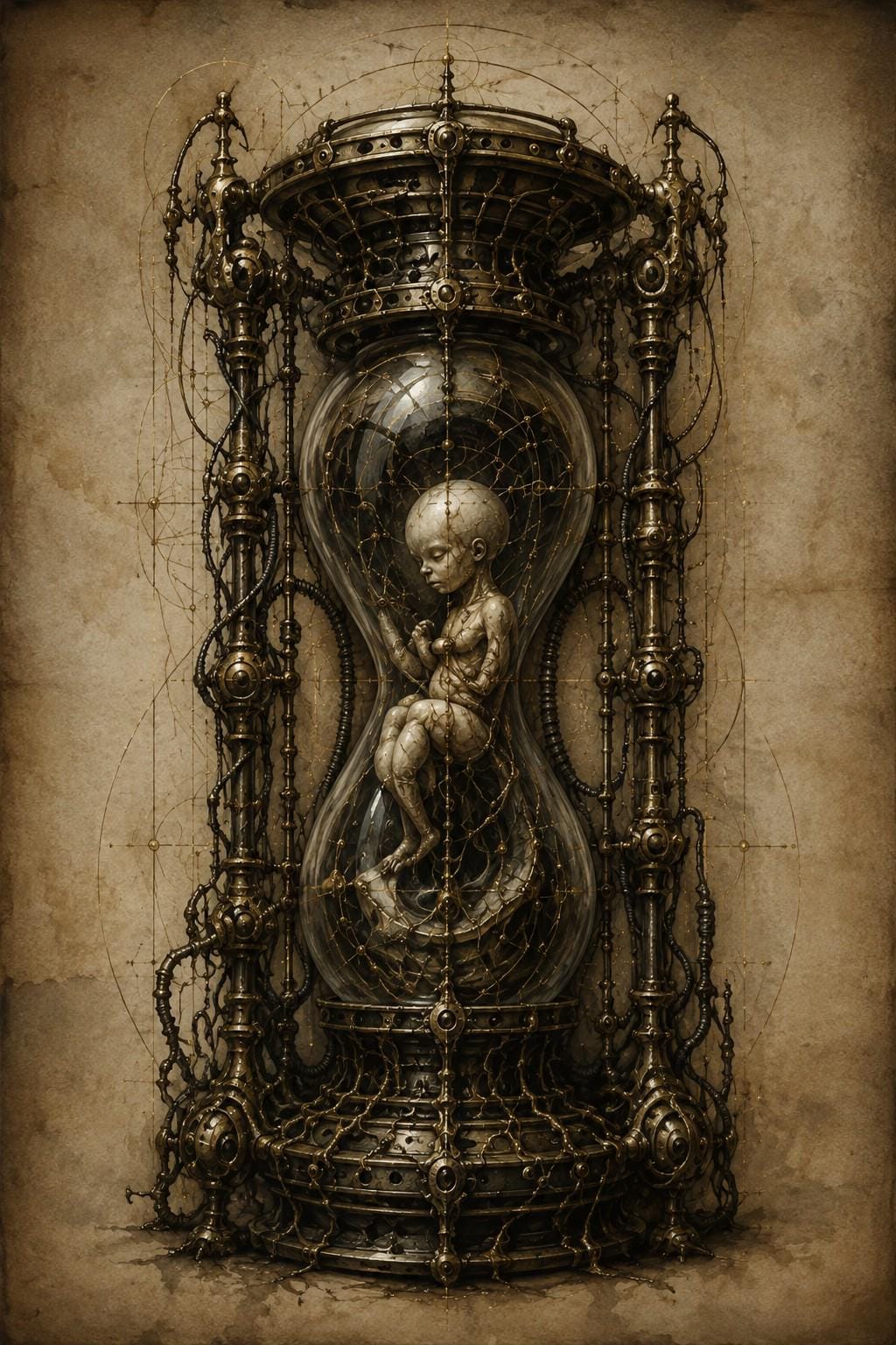 Biomechanical Baby in Hourglass, Dark Academia Lock Screen | Surreal Anatomy Wallpaper | Gothic Brass Machinery | Parchment Background