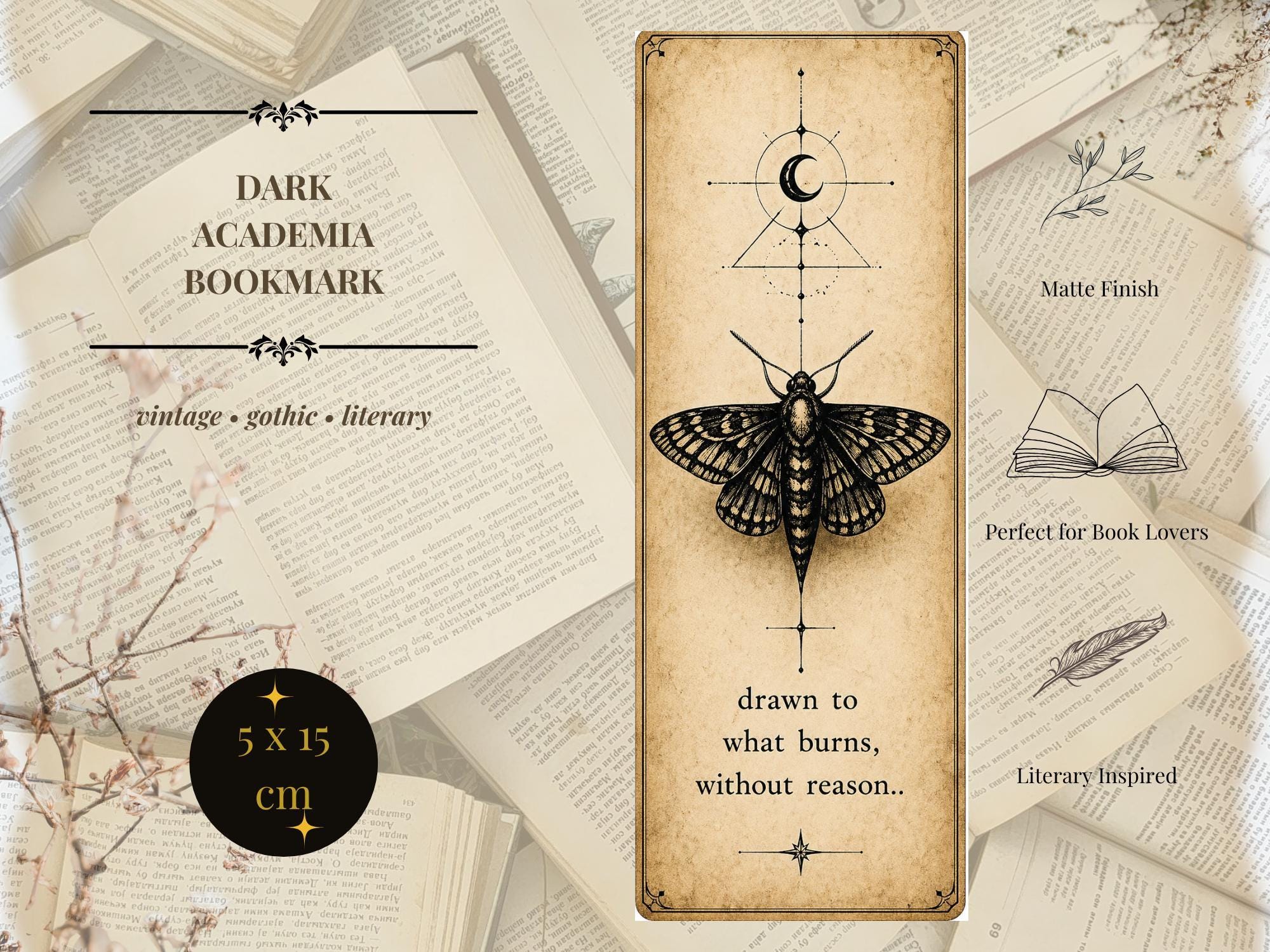 Death Moth Bookmark: Gothic Lunar Art | Witchy Aesthetics | Book Lover Gift | Dark Academia Reading Accessory | Vintage Horror Fan