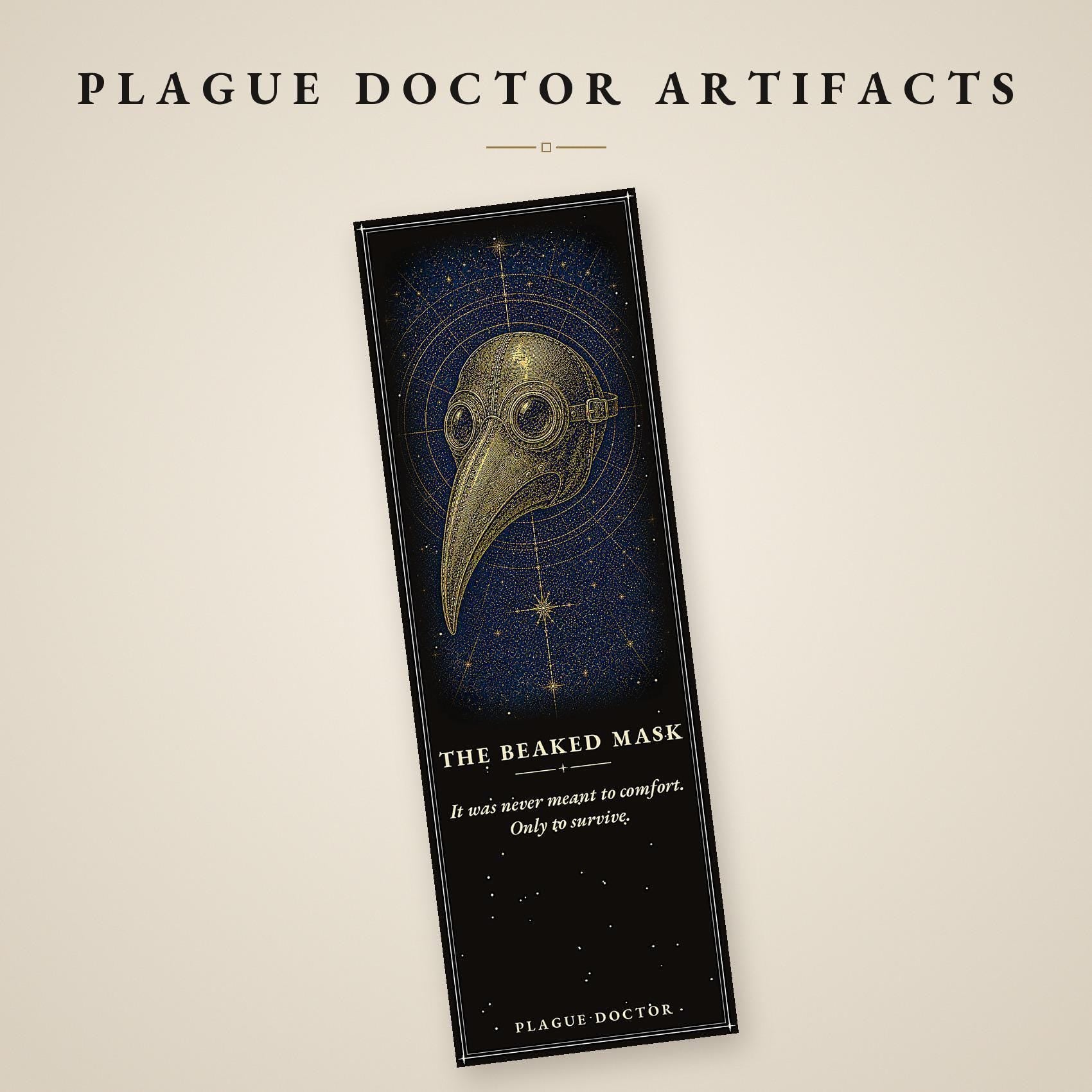 Plague Doctor Artifacts Bookmark, Beaked Mask Design | Dark Academia Page Marker | Gold on Black | Macabre Gift