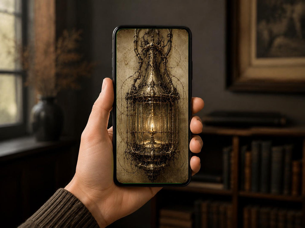 Lantern Biomechanical Phone Wallpaper | Dark Academia Lock Screen | Brass Anatomy Digital Art | Surreal Gothic Download