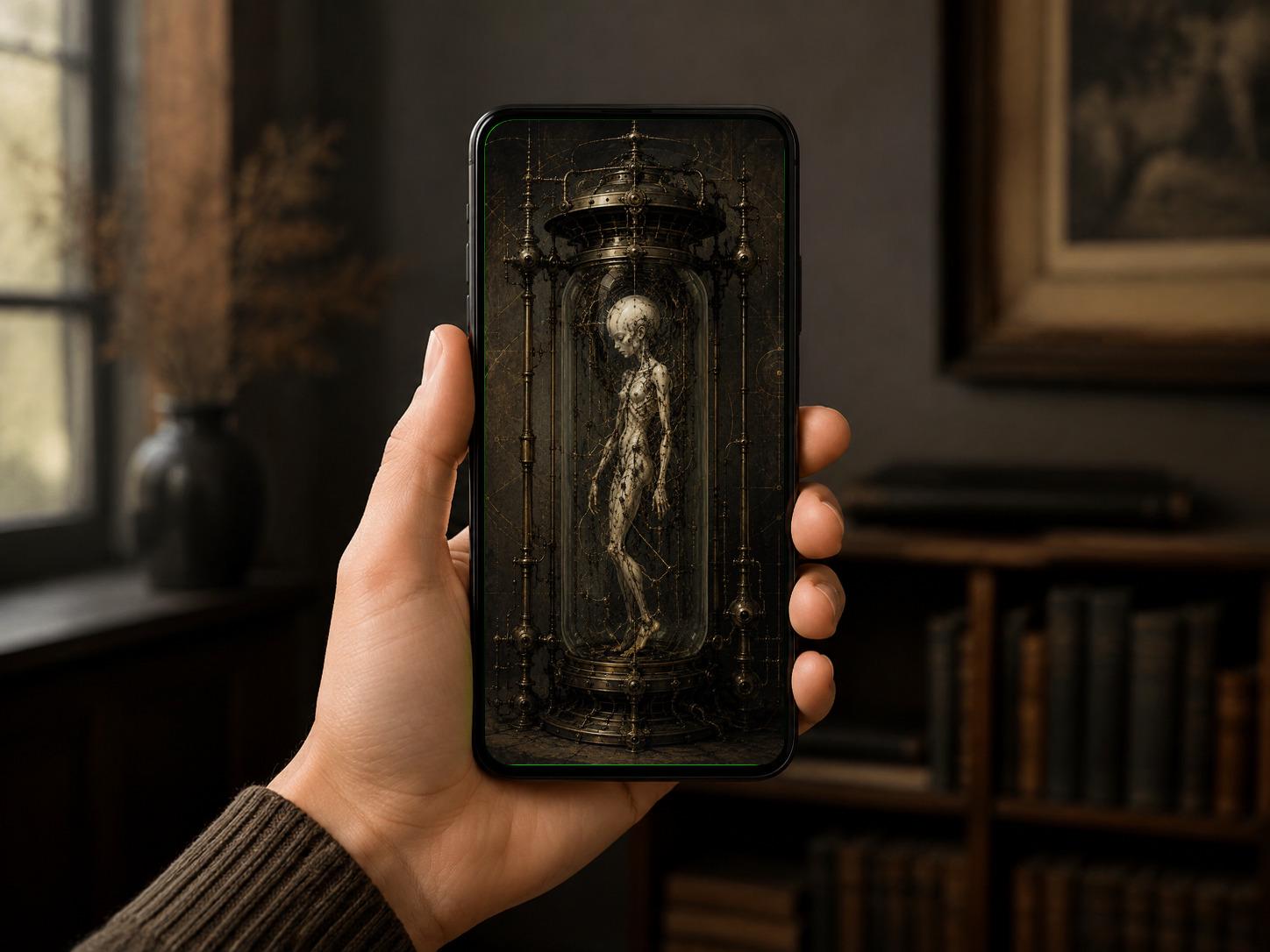 Biomechanical Specimen Phone Wallpaper | Dark Academia Surreal Anatomy | Brass Bone Machinery | Steampunk Lock Screen