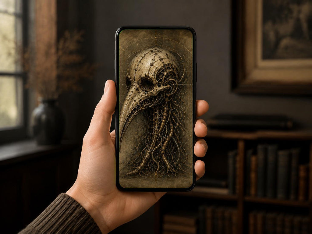 Bird Skull, Biomechanical Specimen | Dark Academia Surreal Wallpaper | Gothic Sci-Fi Lock Screen | Brass Bone Fusion Art