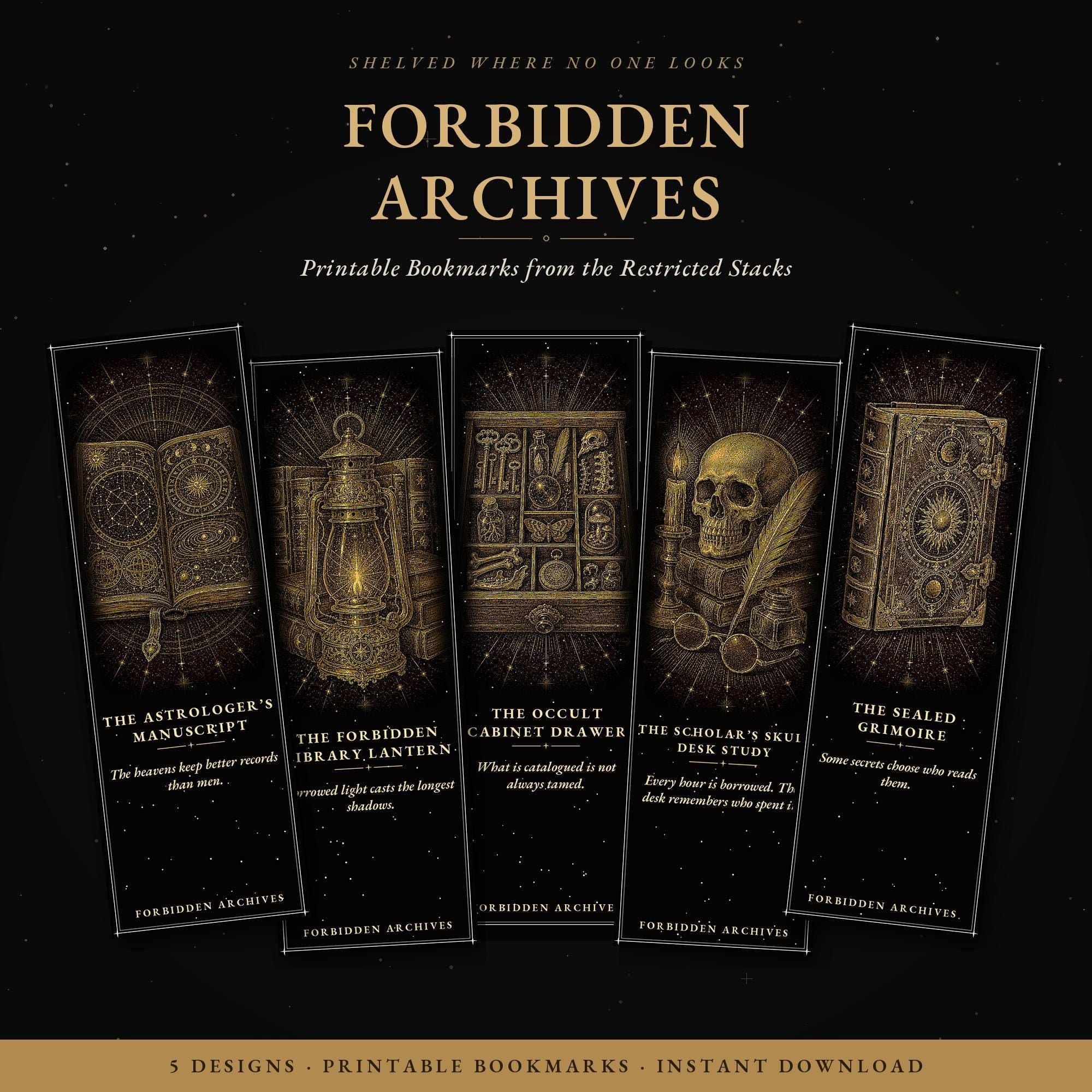 Forbidden Archives Bookmark, Dark Academia Gold Linework | Magnetic Page Marker | Occult Library Designs, Literary Gift