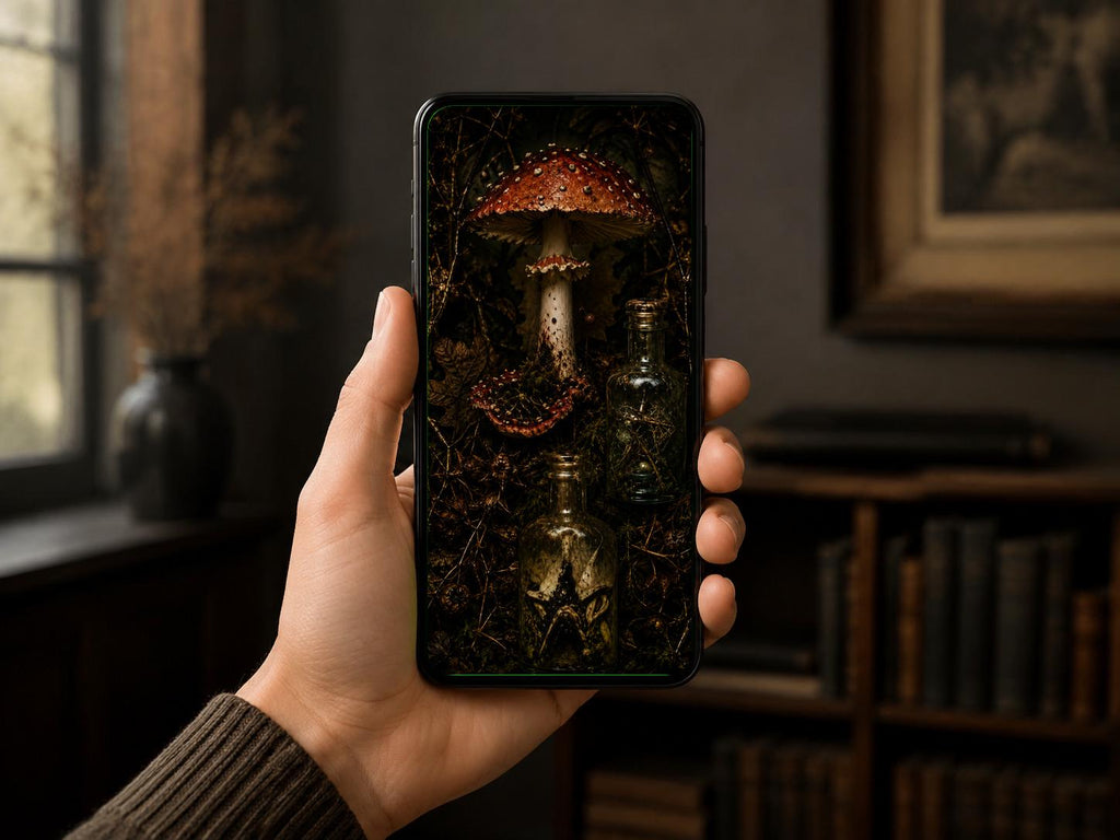 Dark Goblincore Skull Mushroom Lock Screen | Moody Forest Phone Wallpaper (Digital Download)